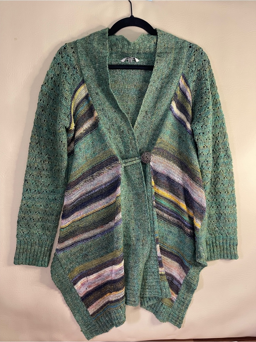 BKE Green Open-Front Striped Knit Cardigan large